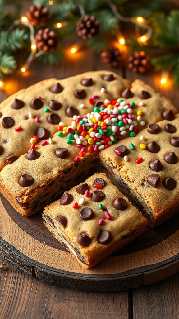 A chocolate chip cookie cake with festive sprinkles, cut into squares, on a wooden table with holiday decorations.